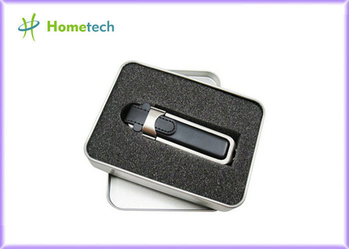 Teneke kutu ile Siyah Deri USB Flash Disk, özel baskı, yenilik usb 2.0 kalem sürücü