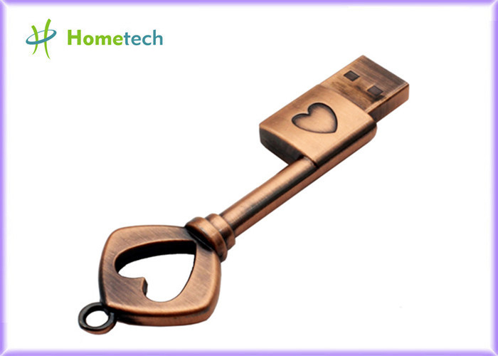 Bronz Pirinç USB 2.0 Metal Kalp Anahtar Şekli 16GB Flash Sürücü Kalem Sürücü Bellek Çubuğu USB Flash Disk Başparmak Sürücü