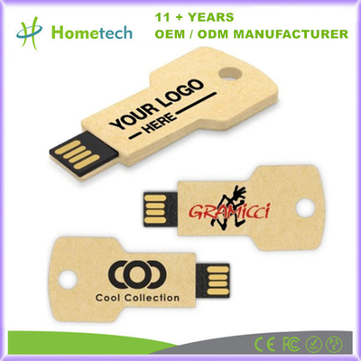 Anahtar şeklindeki geri dönüştürülebilir kağıt USB flash sürücüsü 8GB'den 256GB'ye kadar kapasiteye sahip Çevre dostu promosyon hediyesi